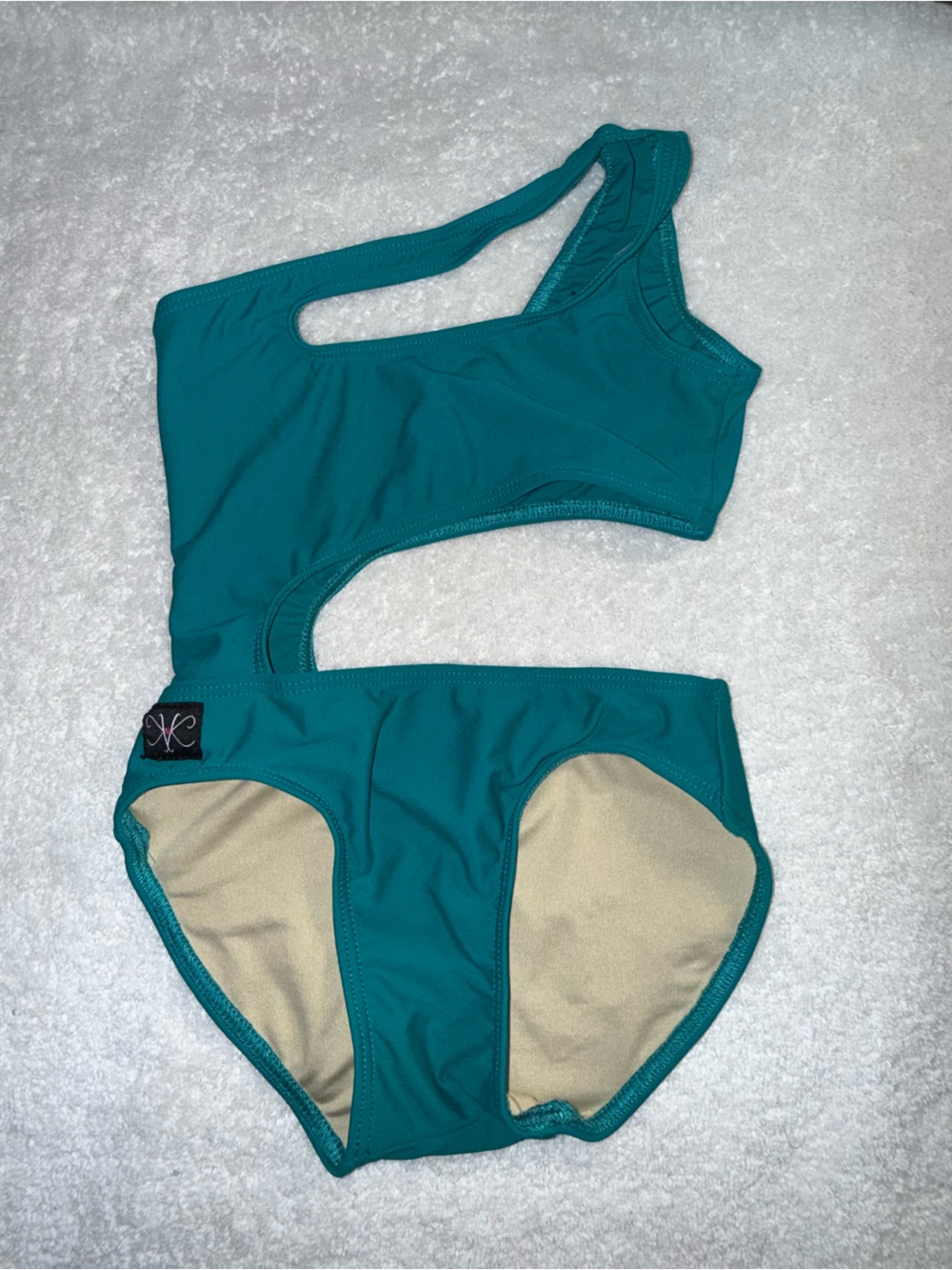 Kandi Kouture Teal One-Shoulder Cutout Kids Leotard Size‎ Child Medium (5/6)